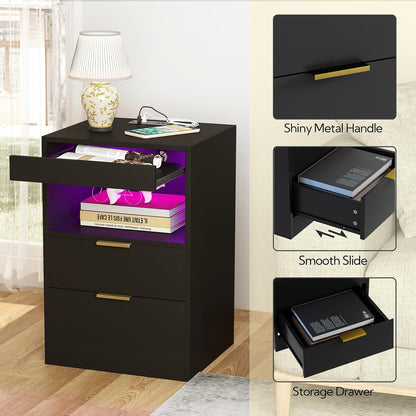Yusong RGB LED Nightstand with Charging Station, Black
