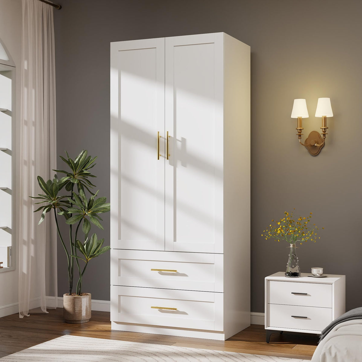 White Wardrobe Closet with 4 Drawers and 4 Doors, 75" H x 63" W