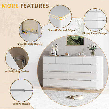 10 Drawer Dresser for Bedroom, 55" Long High Gloss Dresser, White