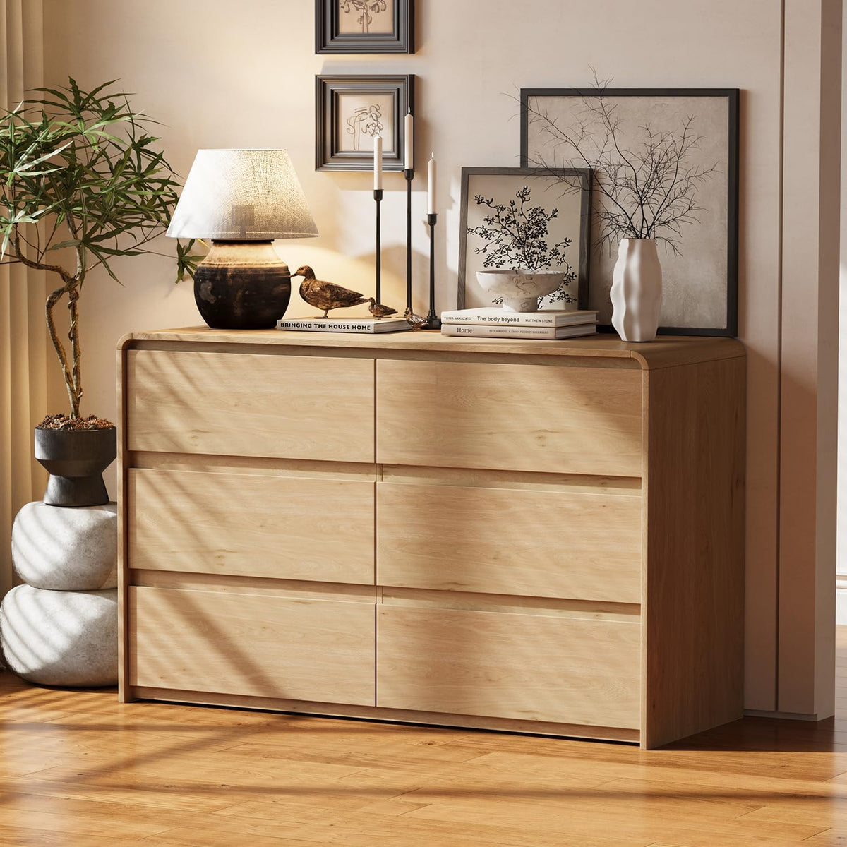 6 Drawer Dresser for Bedroom, Curved Edge Design Modern Dressers & Chest of Drawers, 47" Wide Dresser Natural Oak