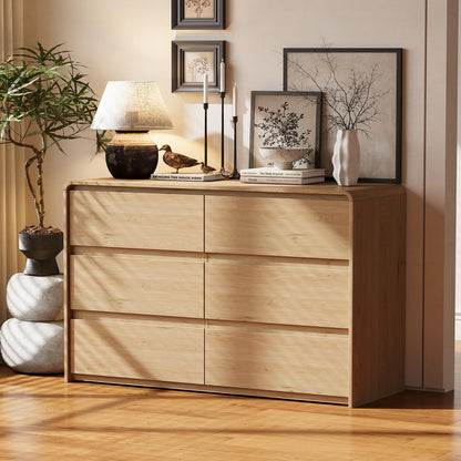 6 Drawer Dresser for Bedroom, Curved Edge Design Modern Dressers & Chest of Drawers, 47" Wide Dresser Natural Oak