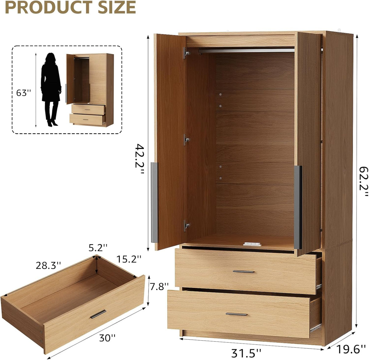 Fluted Modular Armoire w/Drawers, 31.5" W x 63" H