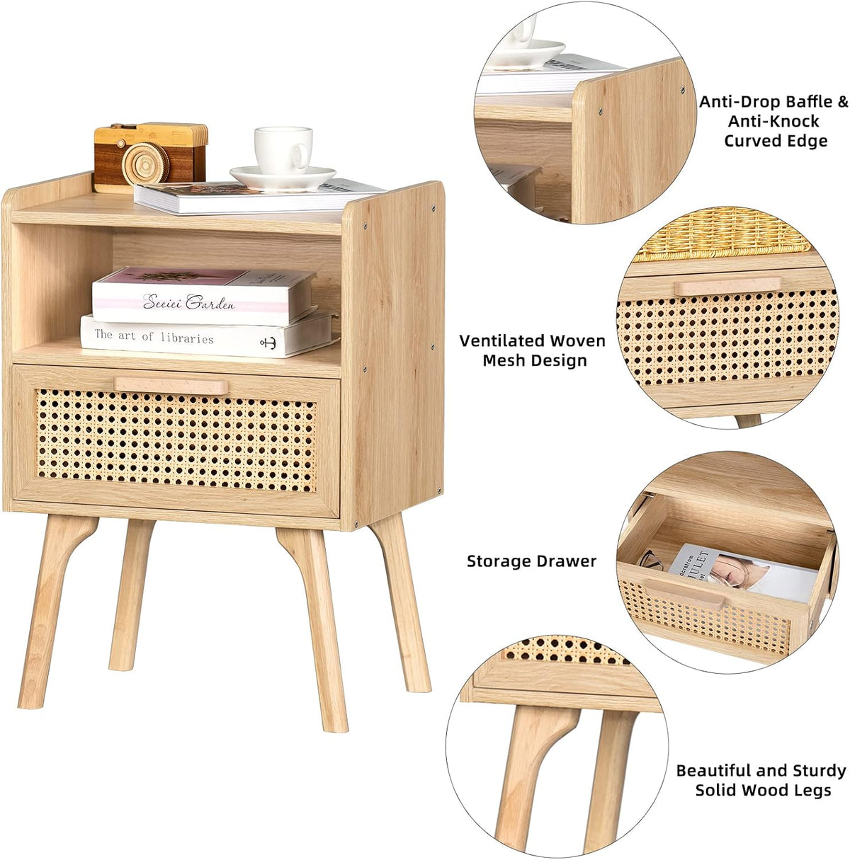 Lerliuo Rattan Nightstand, Boho Side Table with Drawer Open Shelf
