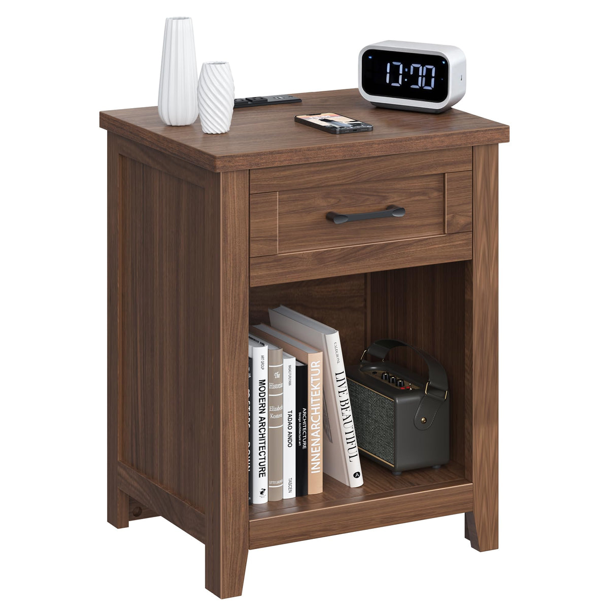 Decofy Farmhouse Nightstand Set of 2 with Charging Station, Walnut