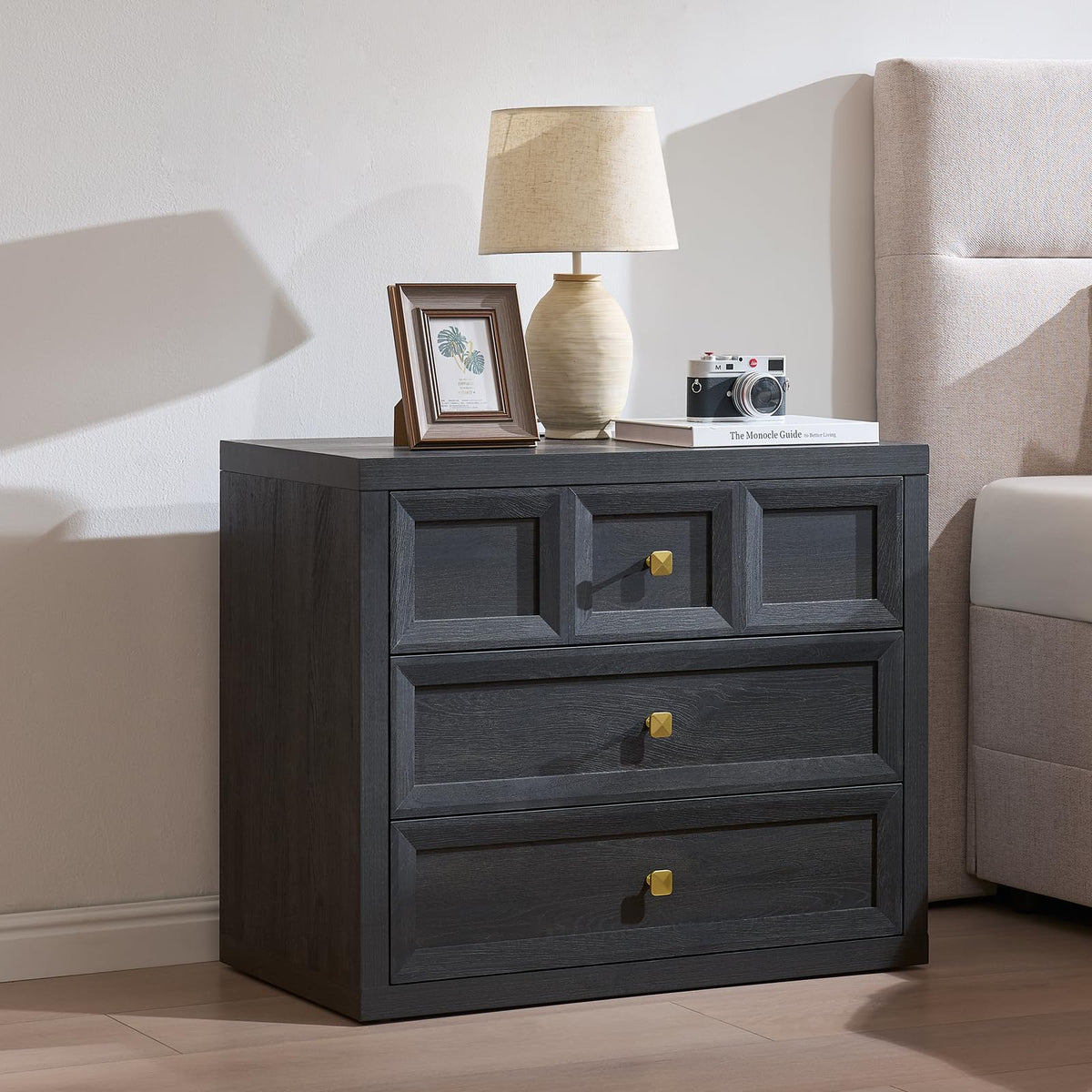 Nightstand Set of 2 W/Charging Station, 30.7" W King Size Bedside Table with 3 Drawers, Accent End Table W/Large Storage, Modern Wood Side Table for Bedroom,Office, Beige