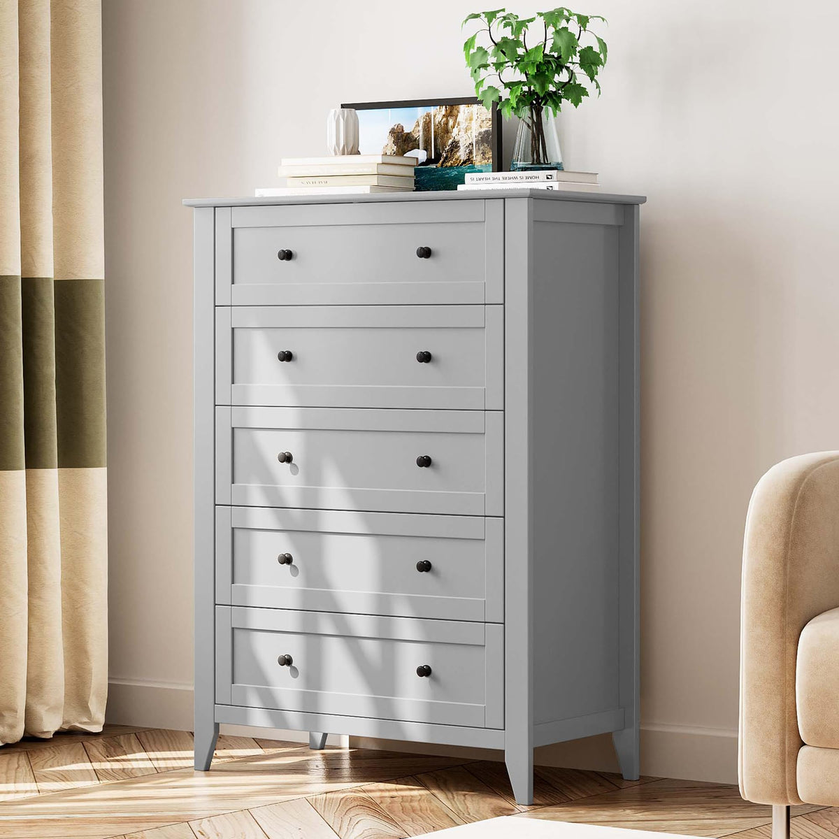 Garvee 5 Drawer Dresser for Bedroom, Modern Tall Chest of Drawers with Metal Knobs, Wooden Clothes Storage Organizer for Closet, Nursery, Living Room, Apartment, Green