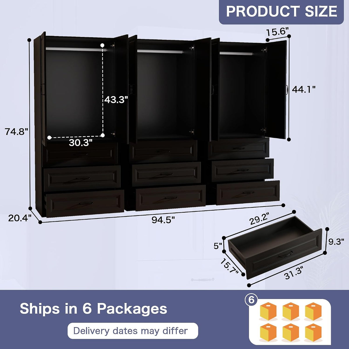 Black Wardrobe Closet with 9 Drawers and 6 Doors, 75" H x 95" W