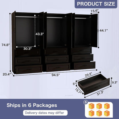 Black Wardrobe Closet with 9 Drawers and 6 Doors, 75" H x 95" W
