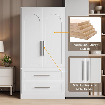 iPormis Armoire Wardrobe Closet with 2 Drawers, Modern Wooden Bedroom Armoire with Doors, Clothing Storage Cabinet with Aluminum Hanging Rod, Wardrobe Storage with Strong Door Closure, White