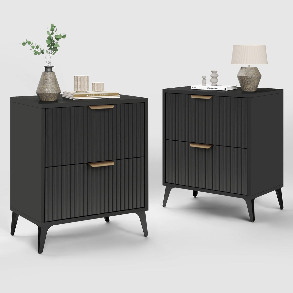Walnut Fluted Nightstand Set of 2, Modern Night Stands with 2 Drawers