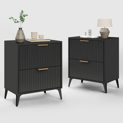 Walnut Fluted Nightstand Set of 2, Modern Night Stands with 2 Drawers