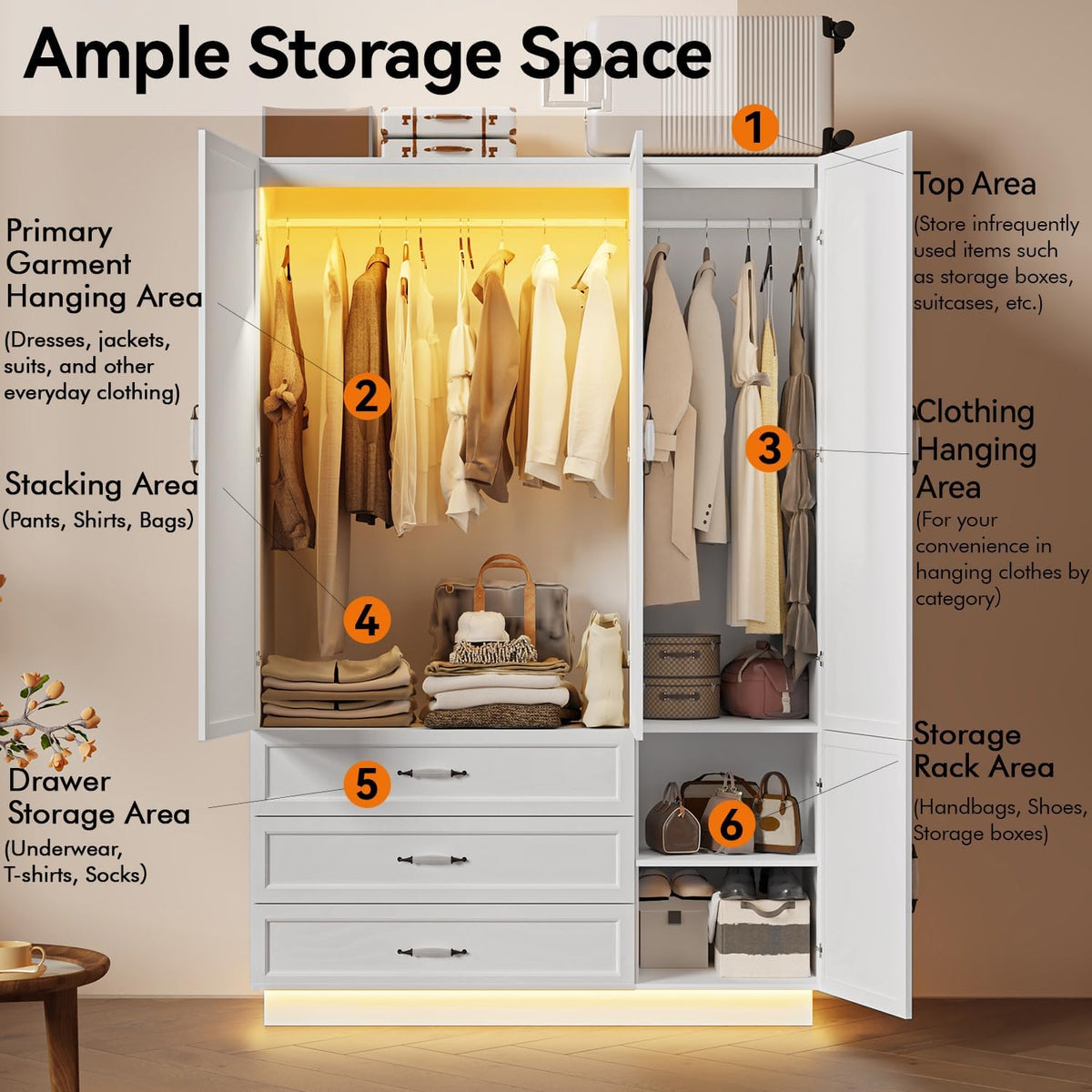 72" Wooden Armoire Wardrobe Closet with 3 Door Bedroom Armoire with LED Light 3 Drawers Large Modern Wardrobe Cabinet with Retro Ceramic Door Handles and Removable Hanging Rod White