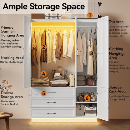 72" Wooden Armoire Wardrobe Closet with 3 Door Bedroom Armoire with LED Light 3 Drawers Large Modern Wardrobe Cabinet with Retro Ceramic Door Handles and Removable Hanging Rod White