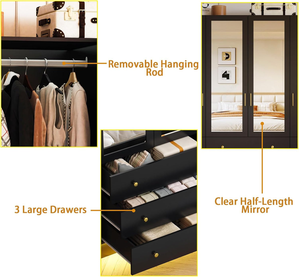 4 Doors LED Armoire Wardrobe Closet with Mirror, 75" Tall Modern Wooden Wardrobe Closet with 3 Drawers, Freestanding Clothing Storage Cabinet with Hanging Rod, Adjustable Shelves, Black