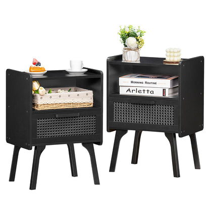 Lerliuo Rattan Nightstand, Boho Side Table with Drawer Open Shelf