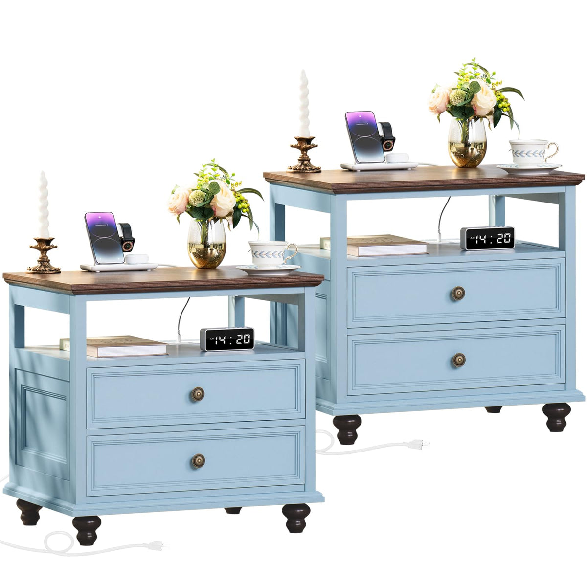 Joaxswe 24" Wide Farmhouse Night Stand Set of 2,Large End Table with 3 Drawers & Metal Handle,Wood Dresser for Bedroom,Bed Side Table Chest of Drawers Cabinet,Natural Nightstand for Living Room,Closet
