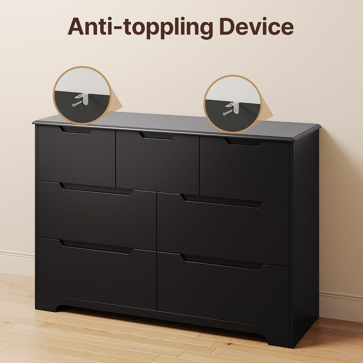 Gizoon 7 Drawer Dresser, 48” Wide Wood Dresser for Bedroom, Black