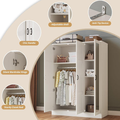 65" Tall Armoire Wardrobe Closet with Full Length Acrylic Mirror & Adjustable Shelves, 3-Door Closet Wardrobe Cabinet with Hanging Rod, Wooden Storage Cabinet for Bedroom, White