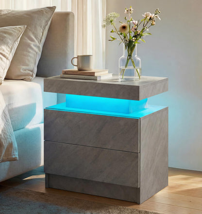 i-aplus Black Modern LED Nightstand Set of 2 with 2 Wood Drawer for Bedroom