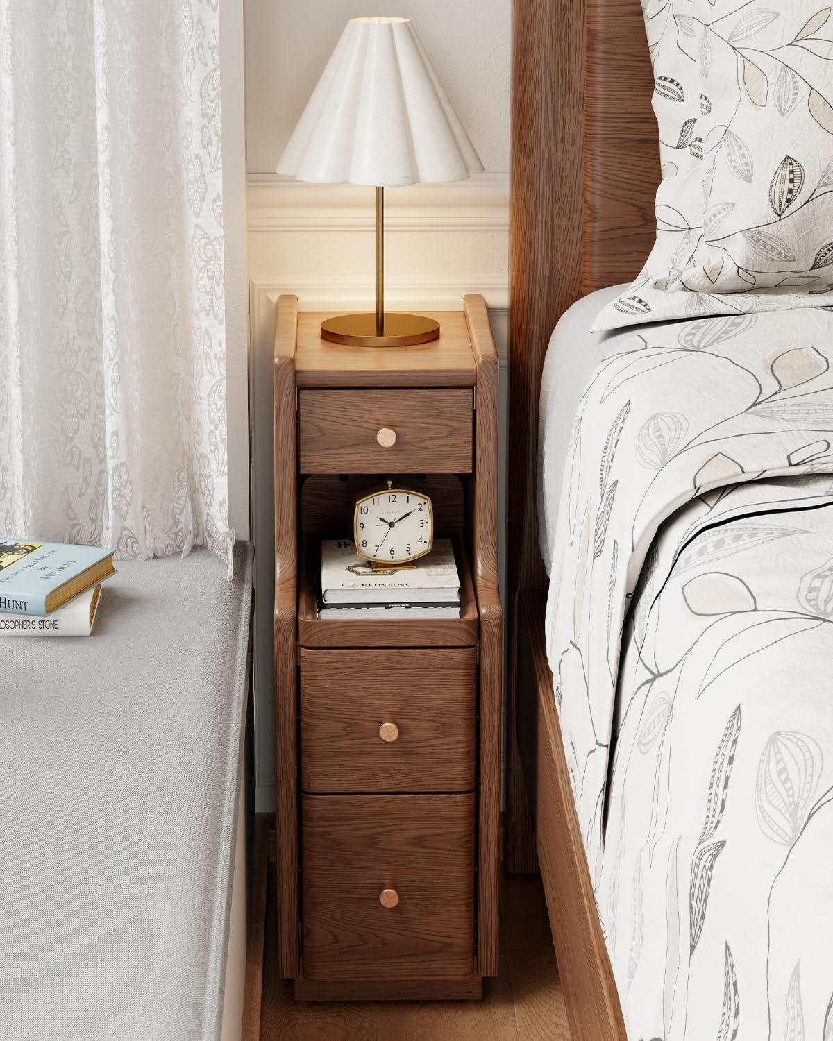 Solid Wood Narrow Nightstand with 3 Drawers,Modern White,Fully Assembled