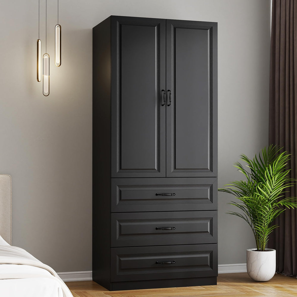 Black Wardrobe Closet with 9 Drawers and 6 Doors, 75" H x 95" W