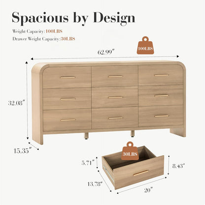 Curved 9-Drawer Dresser for Bedroom, 63" Wide Modern Chest of Drawers, Vanity Desk TV Stand for Living Room, Closet Storage Drawers Organizer Furniture, Nursery, Hallway, Gray Oak