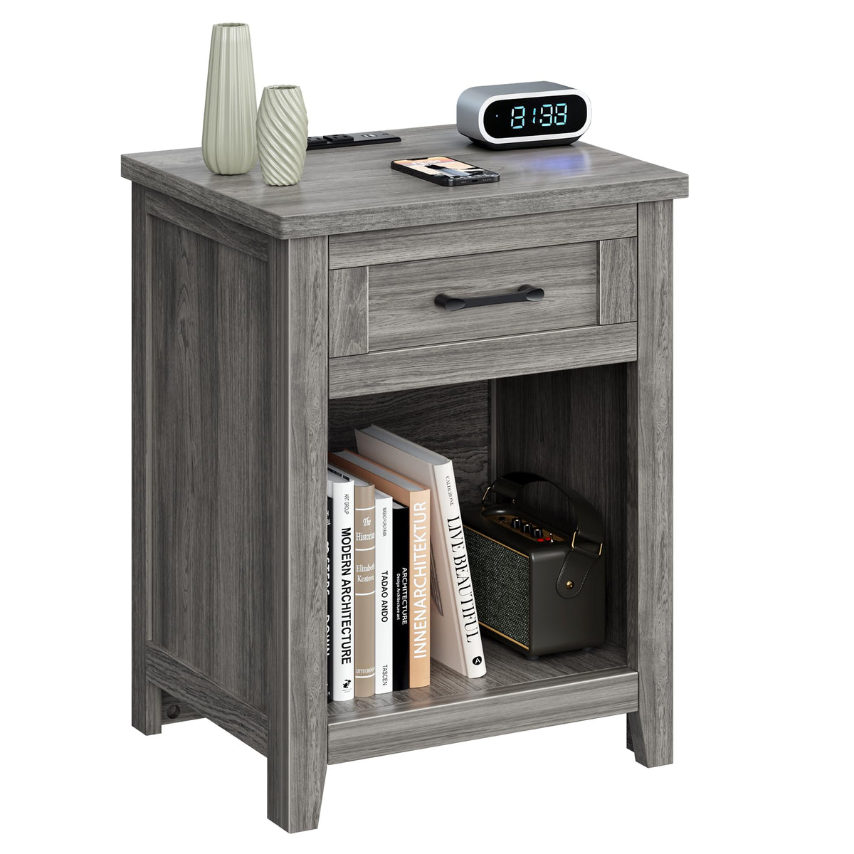 Decofy Farmhouse Nightstand Set of 2 with Charging Station, Walnut