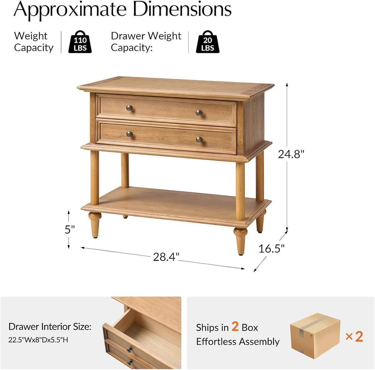 HULALA HOME Farmhouse Nightstand Set of 2 with Drawer & Open Shelf, Natural Wood End Table with Solid Wood Legs, 28.4'' Wide Sofa Side Table with Charging Station(Oak)