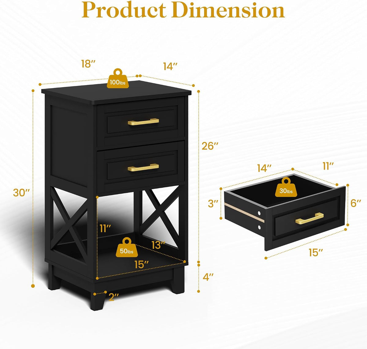 RoyalCraft 30" Tall Nightstand, Modern Painted Bedside Table with 2 Drawers and Open Shelf, Wood Side Table for Bedroom, Home Office, Black-Open Shelf Below, Set of 2