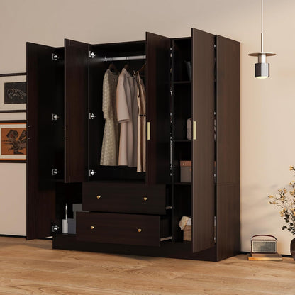 AGOTENI Large Bedroom Wardrobe Closet with 1 Mirror & 2 Drawers, 70.9" H Tall Armoire Clothes Closet with Doors and Shelves, Hanging Rod, Dark Brown