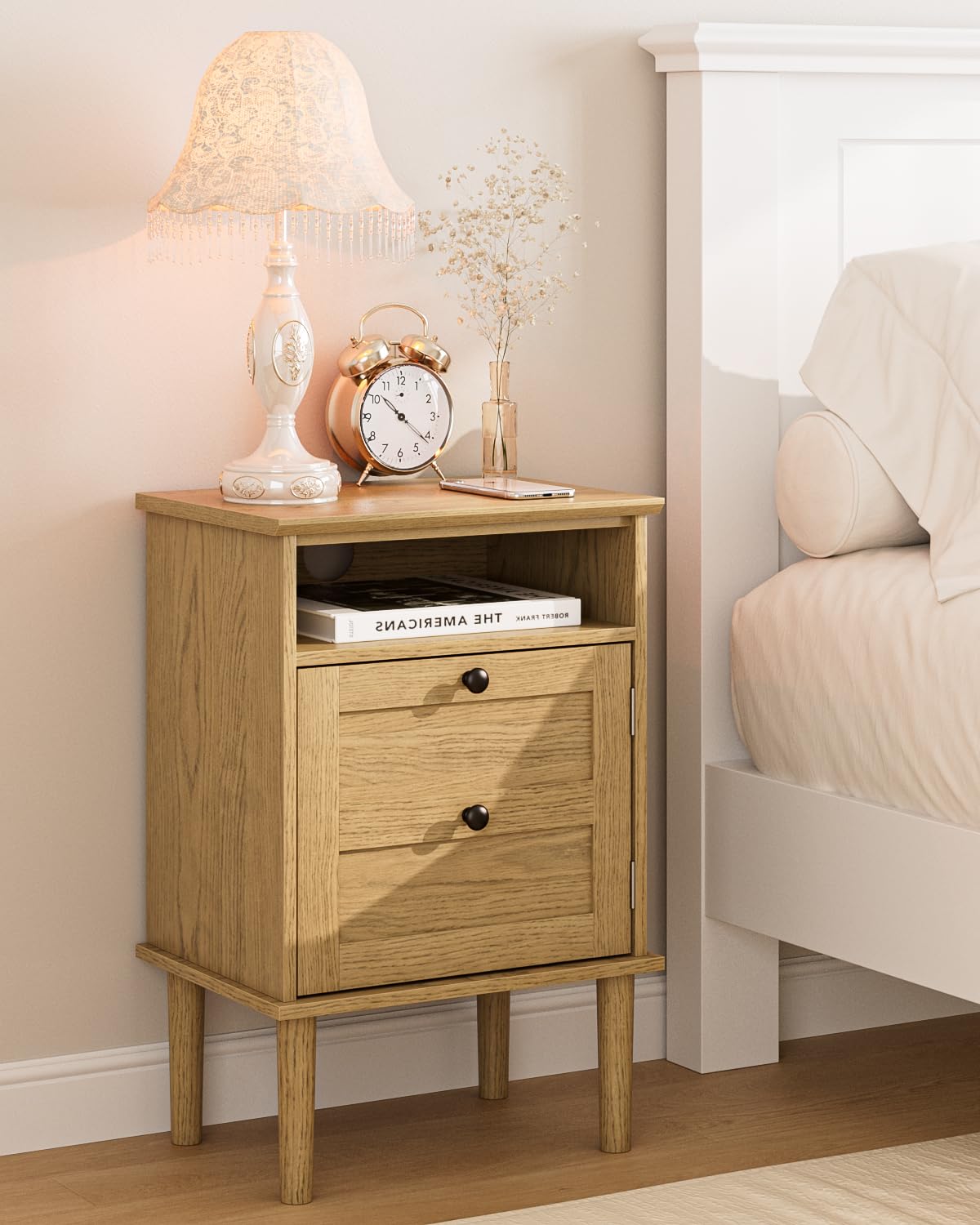 Nightstand, Boho Night Stand with 1 Drawer, Modern Side Accent Table with Open Shelf, Wooden Top Bedside End Table for Bedroom, Living Room, Walnut