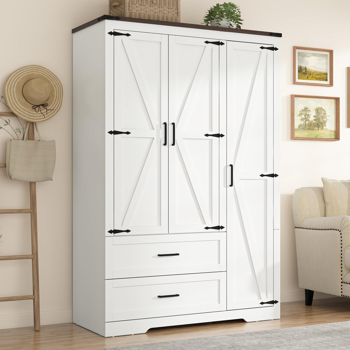 St.Mandyu Farmhouse Wardrobe Armoire Closet with 4 Doors and 2 Drawers, 70.1" Wooden Clothing Storage Cabinet, Freestanding Large Capacity Storage Wardrobe Armoire with Hanging Rod for Bedroom, Grey