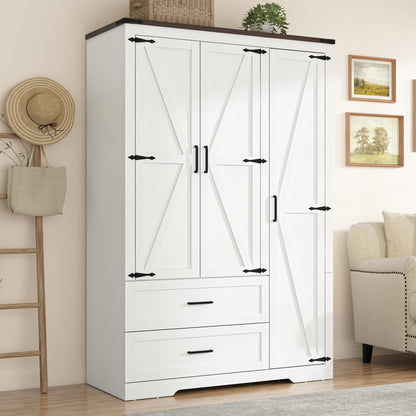 St.Mandyu Farmhouse Wardrobe Armoire Closet with 4 Doors and 2 Drawers, 70.1" Wooden Clothing Storage Cabinet, Freestanding Large Capacity Storage Wardrobe Armoire with Hanging Rod for Bedroom, Grey