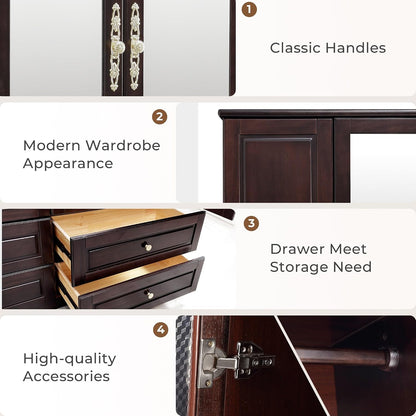 Solid Wood Armoire Wardrobe, Black Brown with Mirrors & Drawers