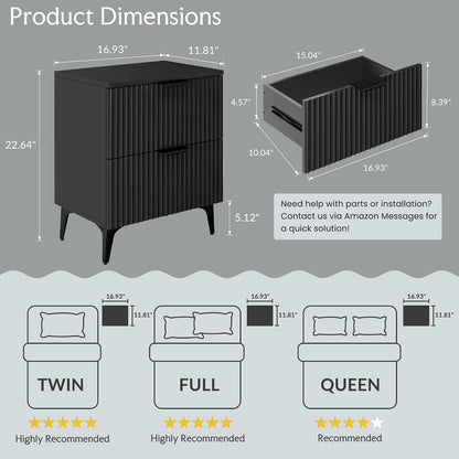 Wood Nightstand Set of 2, Fluted Bedside Tables with 2 Drawers