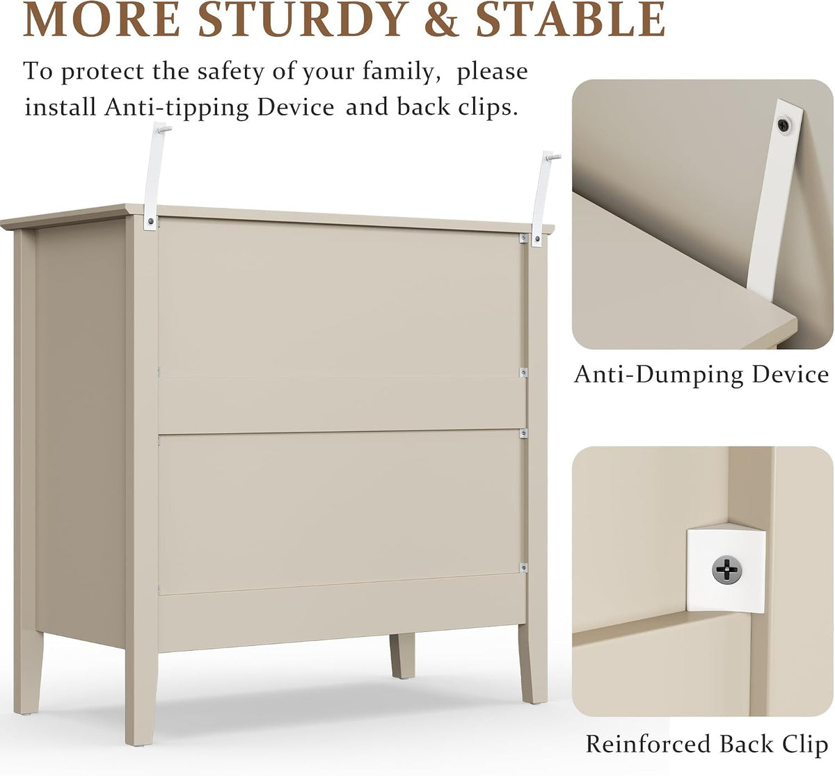 RoyalCraft 32" Large Nightstand Set of 2, Fluted Painted Bedside Table with 3 Spacious Drawers, Modern Tall End Table for Bedroom, Beige