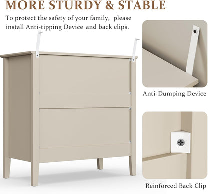 RoyalCraft 32" Large Nightstand Set of 2, Fluted Painted Bedside Table with 3 Spacious Drawers, Modern Tall End Table for Bedroom, Beige