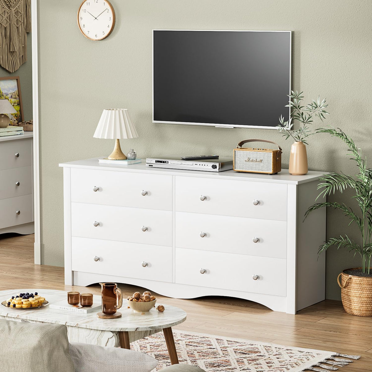 YESHOMY White Wood Dresser with 6 Drawer, 47.2" Chest of Drawers