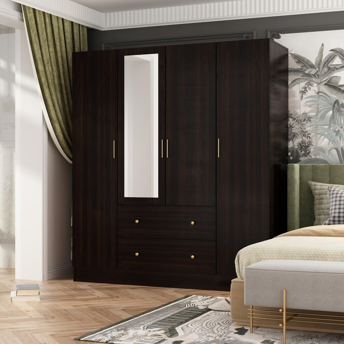 4 Door Wardrobe Armoire Closet with Mirror Door, 63" W Wooden Cabinet with 2 Drawers & Hanging Rod, Bedroom Armoire Dresser Wardrobe Clothes Organizer, Espresso