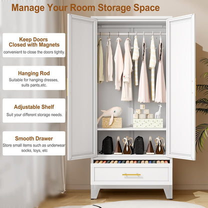 Metal Armoire Wardrobe Closet Storage Cabinet with Mirror White, 71'' Wardrobe Cabinet with Hanging Rod Metal Closet with Adjustable Shelf and Drawer for Bedroom, Laundry Room, Cloak Room