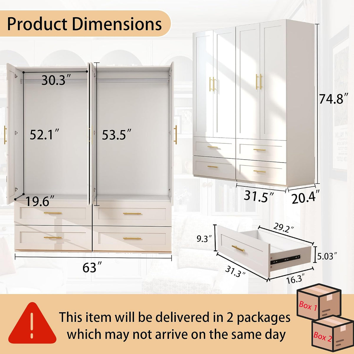 White Wardrobe with 4 Doors and 4 Drawers，75" Tall x 63" Wide