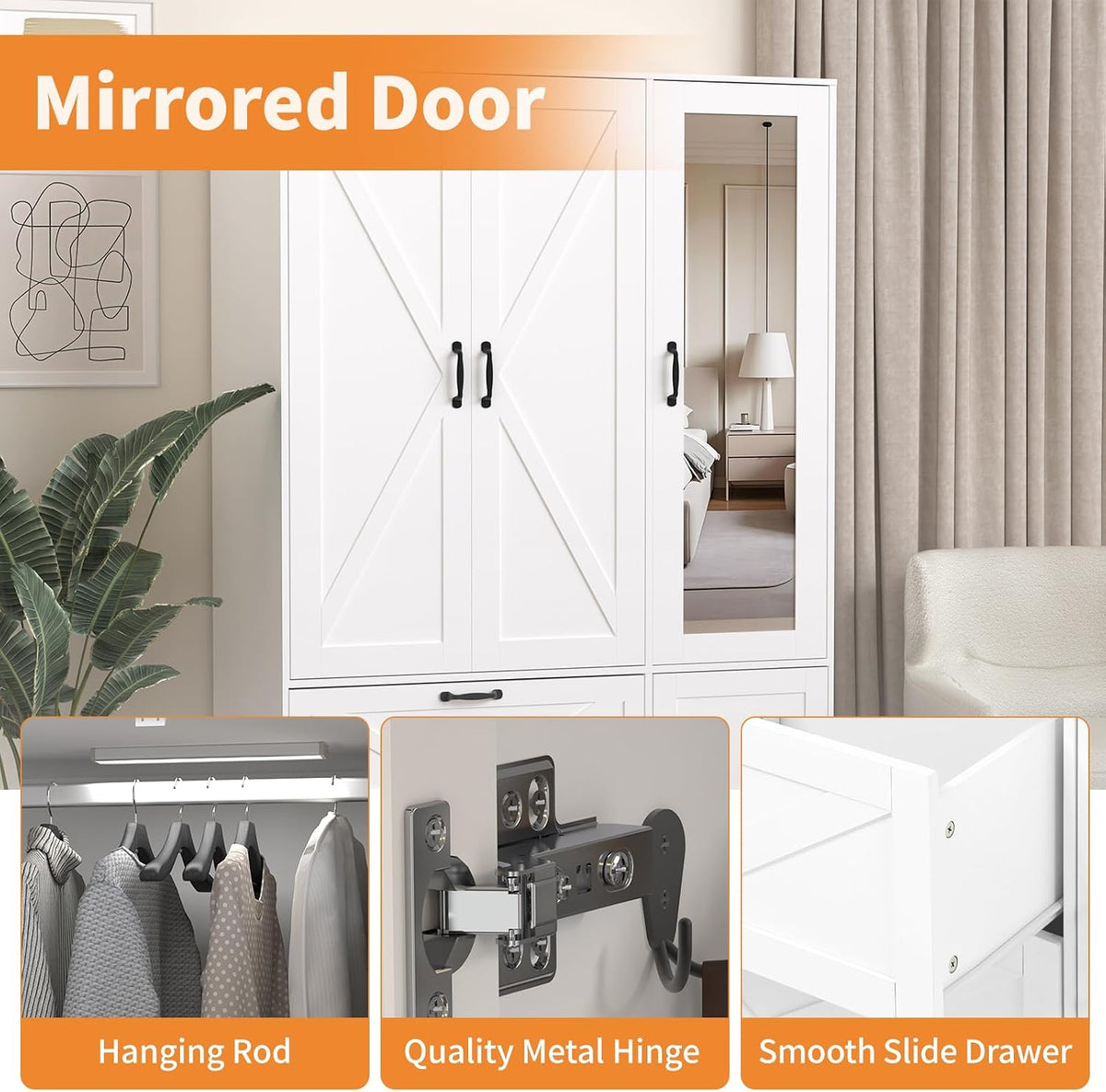 72'' Armoire Wardrobe Closet with Mirror Door & Light, Farmhouse Bedroom Clothes Cabinet with 4 Doorrs + Hanging Rod + 2 Drawers, Wooden Wardrobe Cabinet with Adjustable Shelf for Bedroom