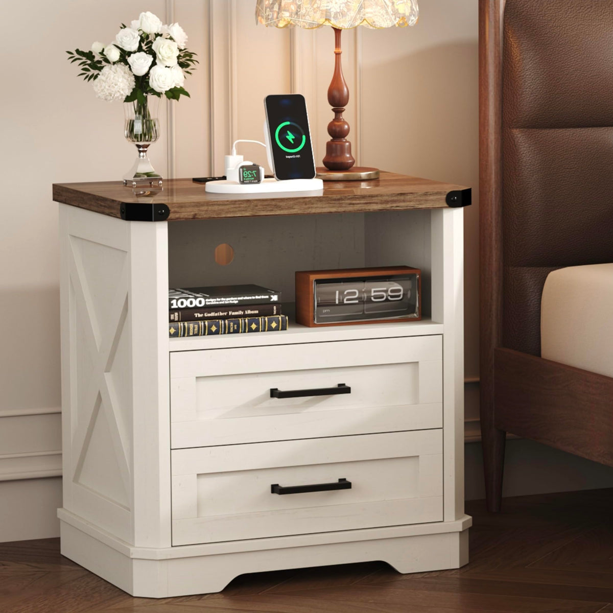 Yusong Farmhouse Night Stand with Gun Drawer & Invisible Lock, Rustic Wooden Night Stand with Charging Station, Beside Table with Drawers and Open Storage, End Tables for Bedroom, (White 004)