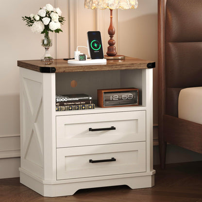 Yusong Farmhouse Night Stand with Gun Drawer & Invisible Lock, Rustic Wooden Night Stand with Charging Station, Beside Table with Drawers and Open Storage, End Tables for Bedroom, (White 004)