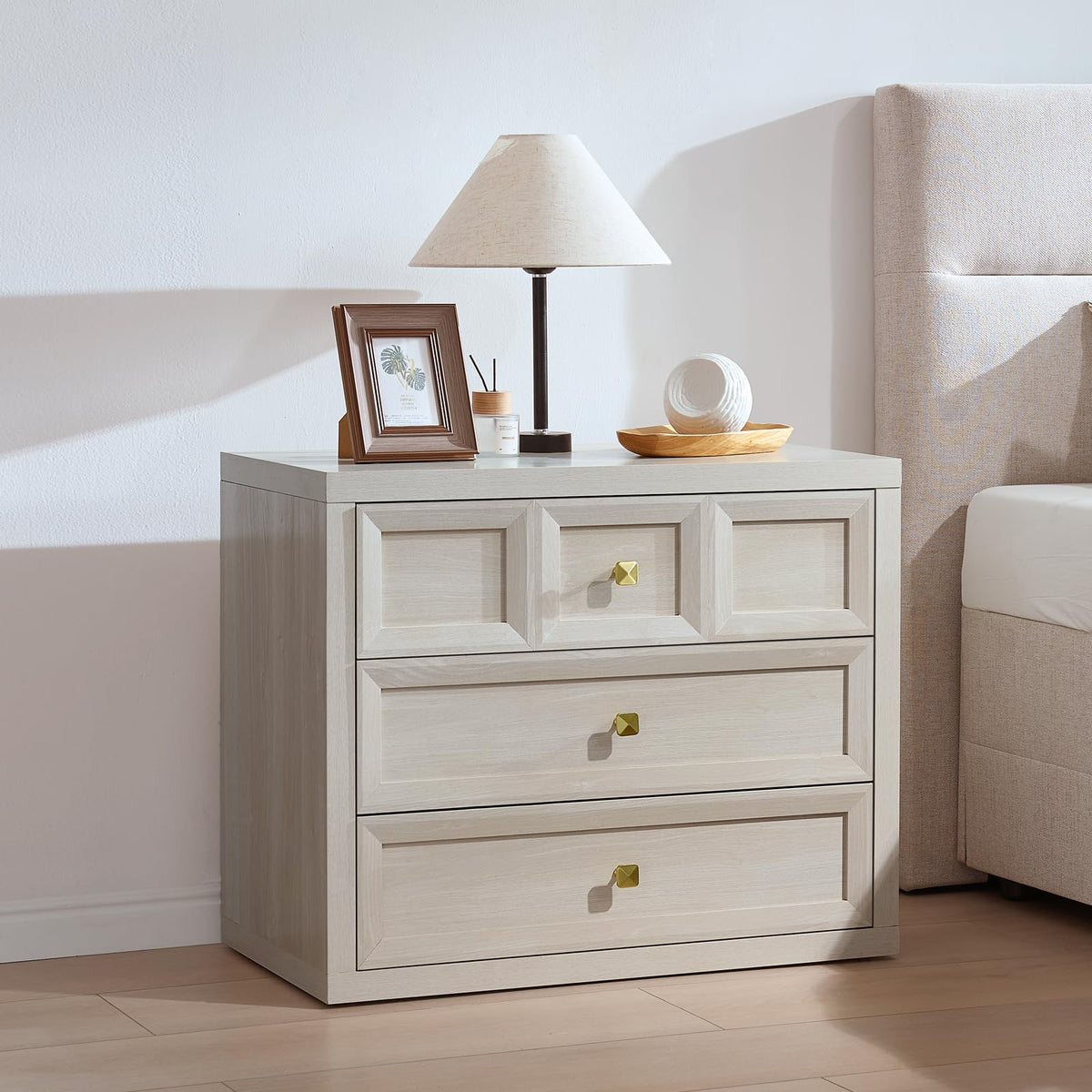 Nightstand Set of 2 W/Charging Station, 30.7" W King Size Bedside Table with 3 Drawers, Accent End Table W/Large Storage, Modern Wood Side Table for Bedroom,Office, Beige