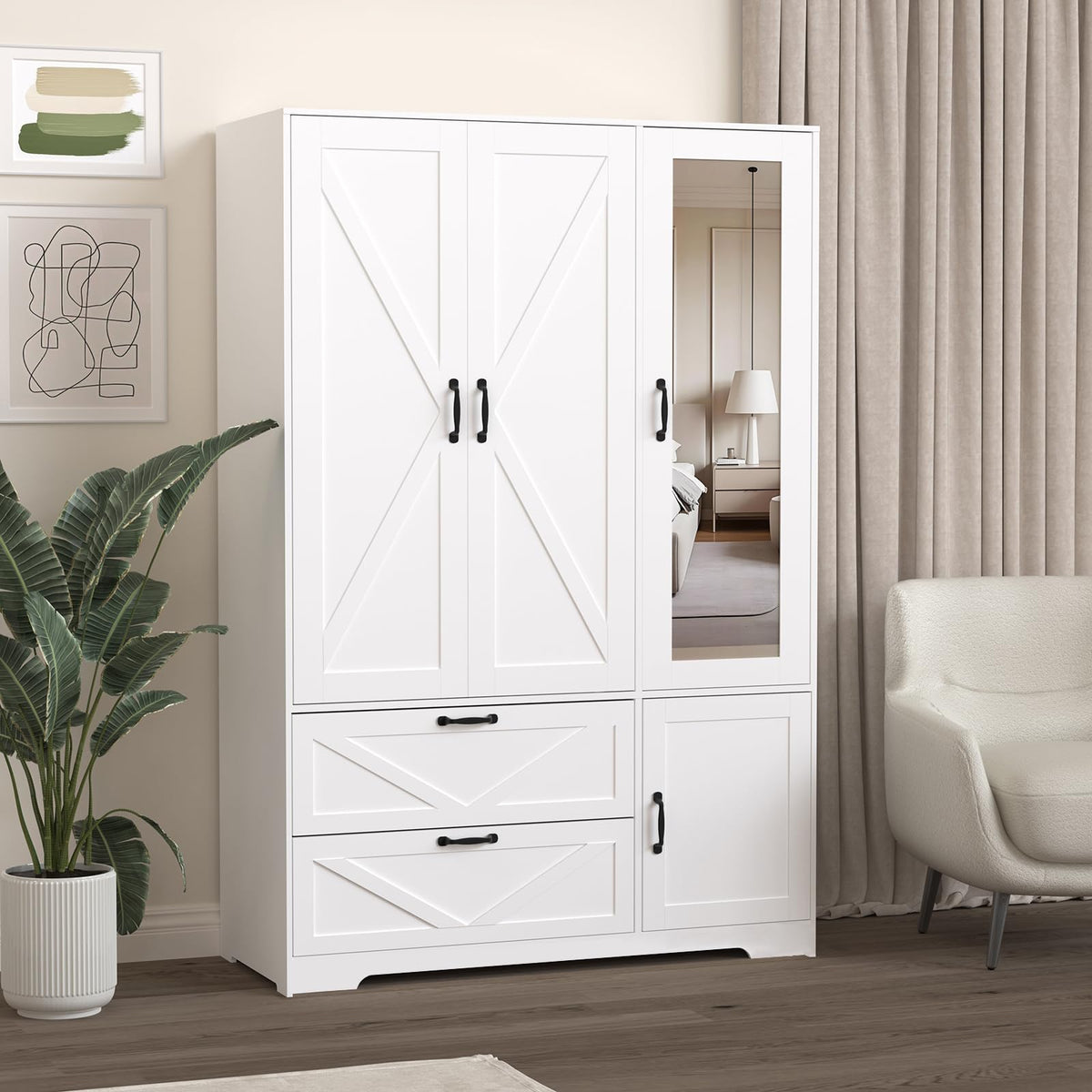 72'' Armoire Wardrobe Closet with Mirror Door & Light, Farmhouse Bedroom Clothes Cabinet with 4 Doorrs + Hanging Rod + 2 Drawers, Wooden Wardrobe Cabinet with Adjustable Shelf for Bedroom