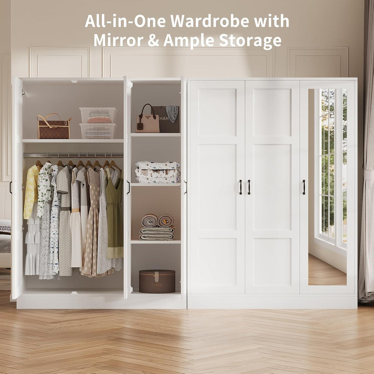 65" Tall Armoire Wardrobe Closet with Full Length Acrylic Mirror & Adjustable Shelves, 3-Door Closet Wardrobe Cabinet with Hanging Rod, Wooden Storage Cabinet for Bedroom, White