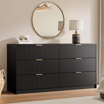 MAISONARIA 55" Wide Fluted 6-Drawer Double Dresser for Bedroom, Black