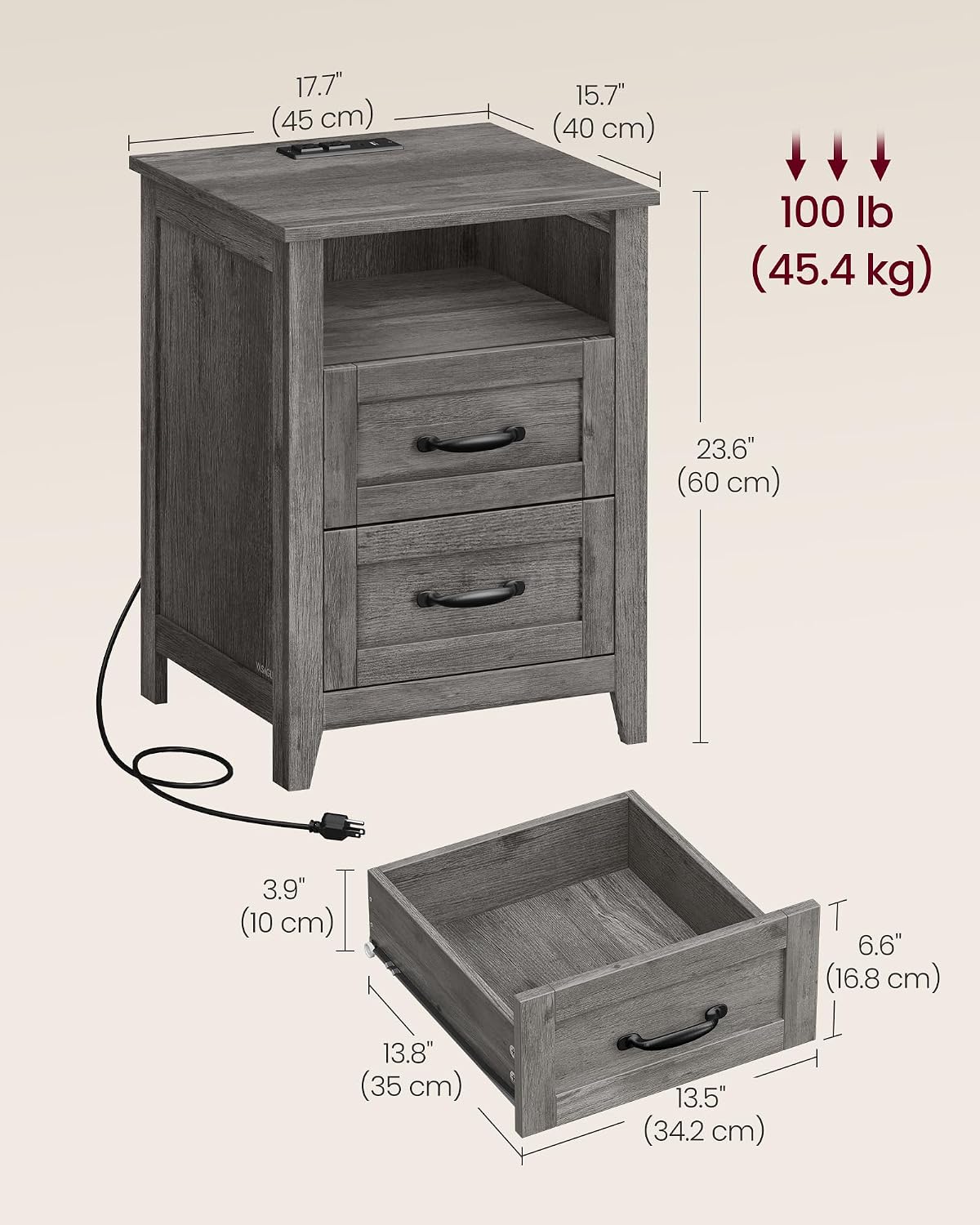 VASAGLE Set of 2 Nightstands with 2 Drawers and Charging Station