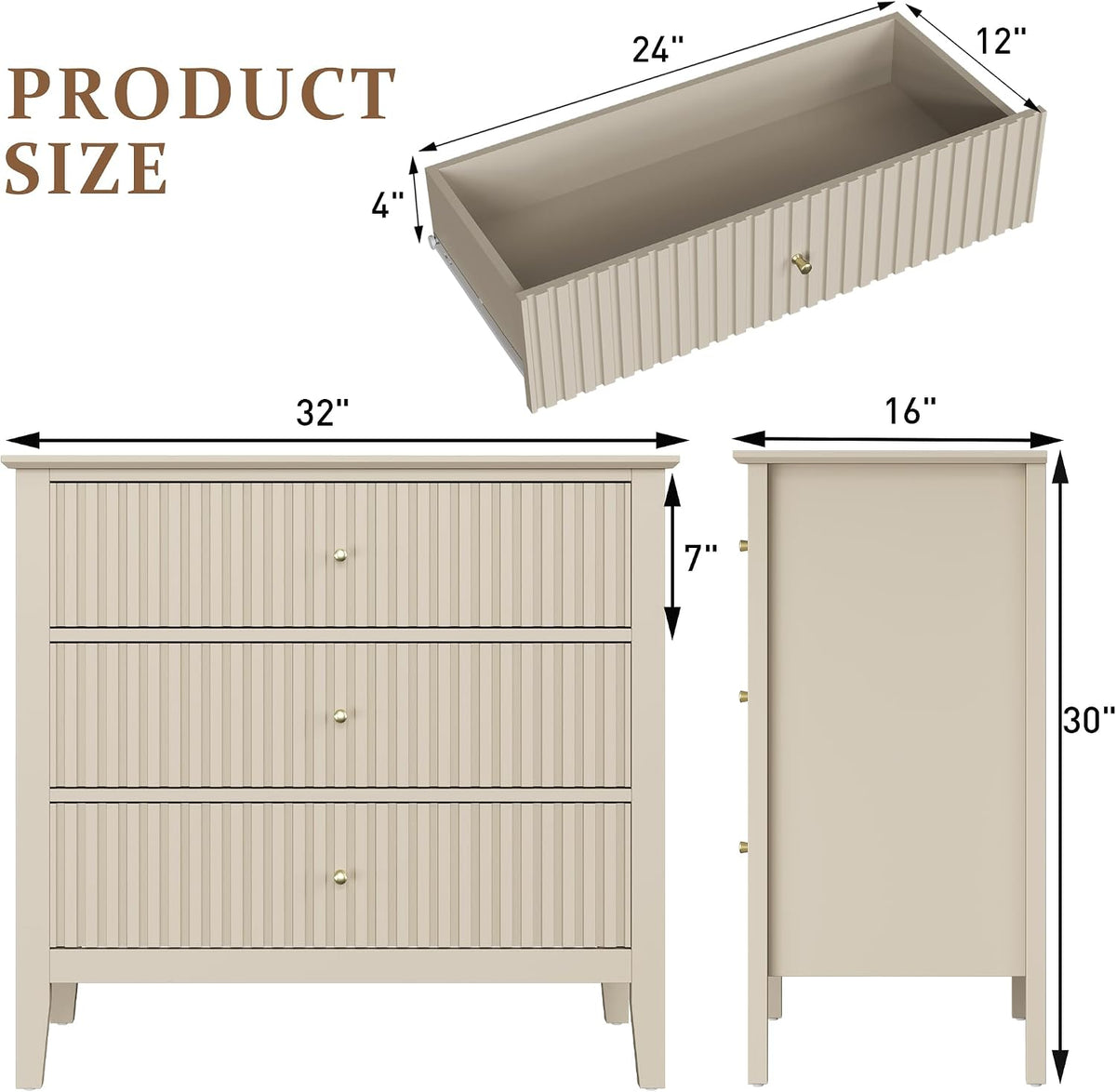 RoyalCraft 32" Large Nightstand Set of 2, Fluted Painted Bedside Table with 3 Spacious Drawers, Modern Tall End Table for Bedroom, Beige